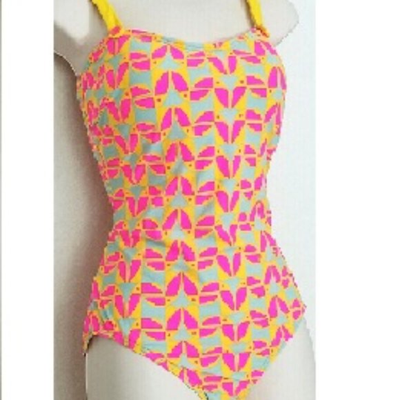 MARC JACOBS 1PC NEON TOUCAN BANDEAU GREY YELLOW PINK SWIMSUIT SZ L NWT! - Picture 1 of 7